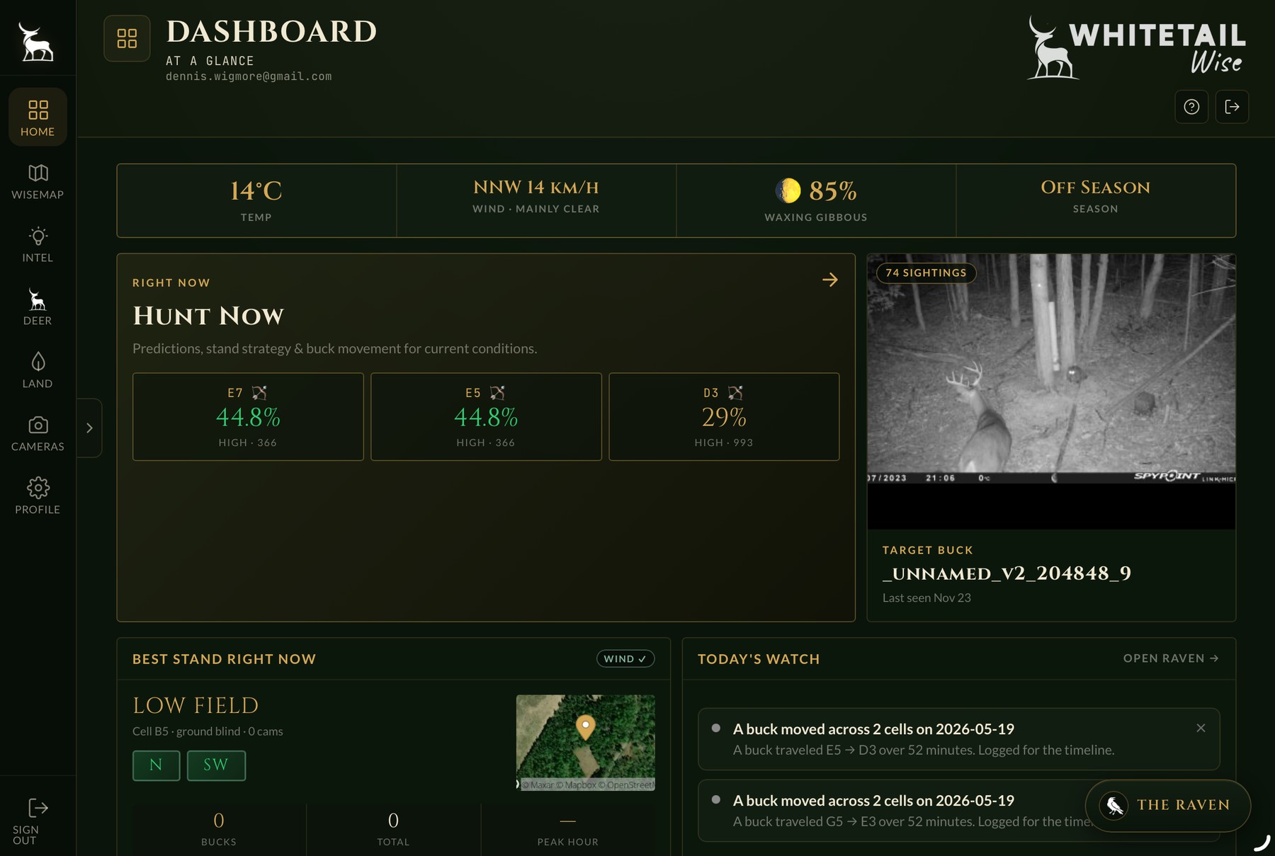 Whitetail Wise dashboard — hunt-now predictions, target buck, conditions